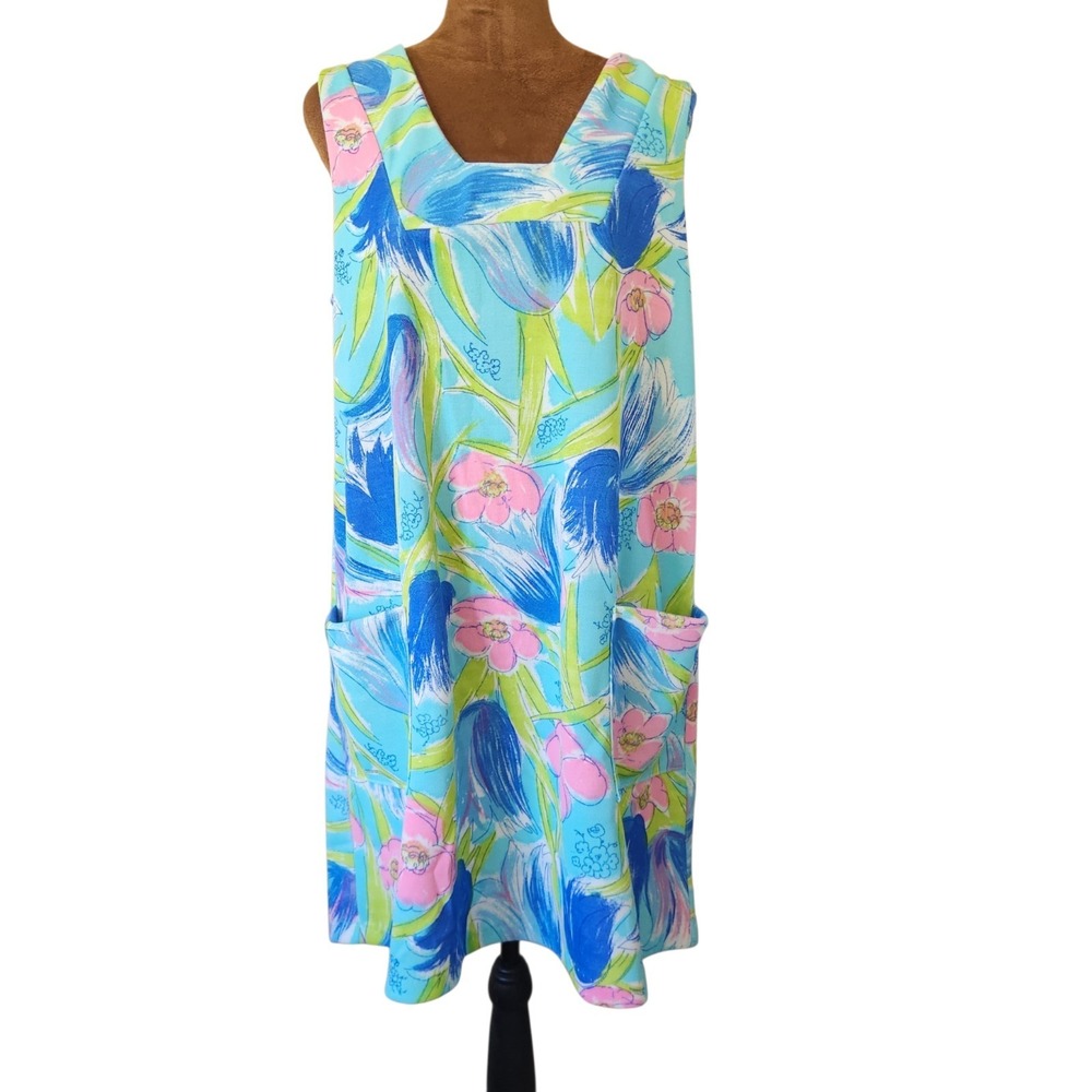 Vintage 60s 70s Floral Shift Dress Mod‎ Pocketed MCM Pink Blue Green Tropical